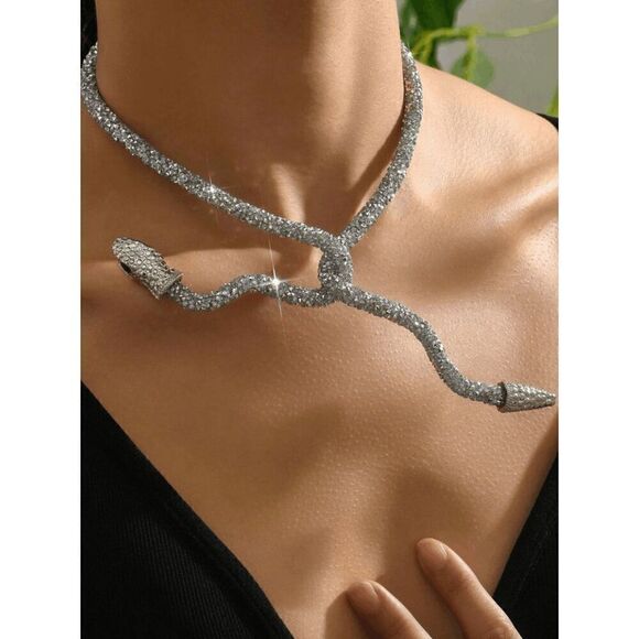 ✨💎🐍 Snake Rhinestone Bendable Design Blingy Statement Open Choker Necklace NEW - Picture 5 of 16